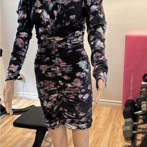 Marciano Black Gray Ruched Bodycon Dress V-Neck Long Sleeve